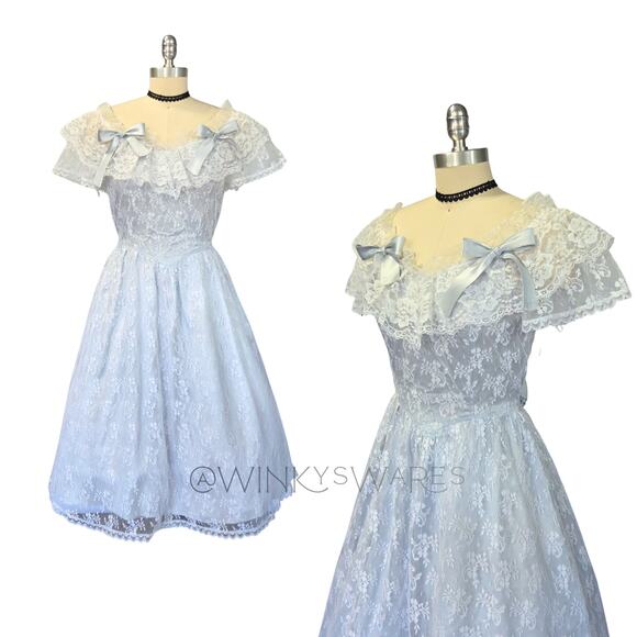 Gunne Sax Vintage 80s Lace Princess Dress Size S Ice Blue Bows Fairy Ruffle - Picture 1 of 12